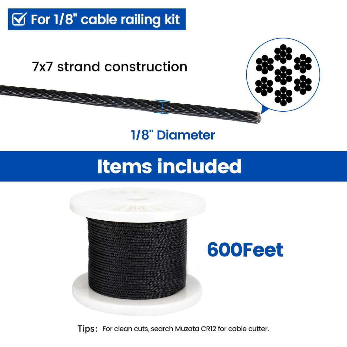 Muzata black T316 stainless steel cable with corrosion resistance for indoor and outdoor use