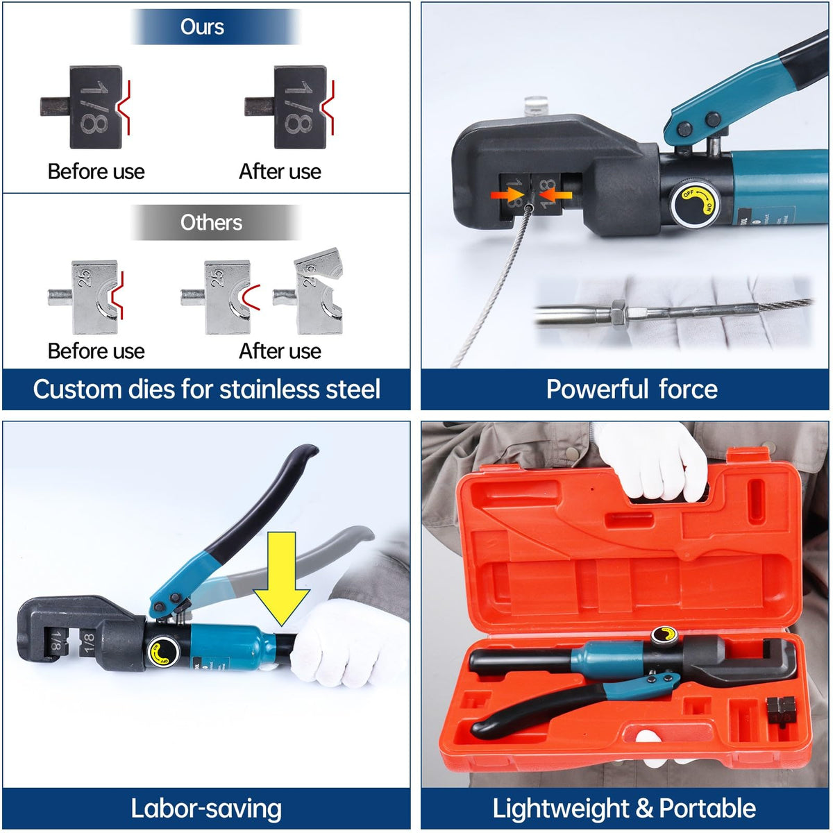 Muzata cable cutter CR12 making precise cuts up to 5/32 inch stainless cable.