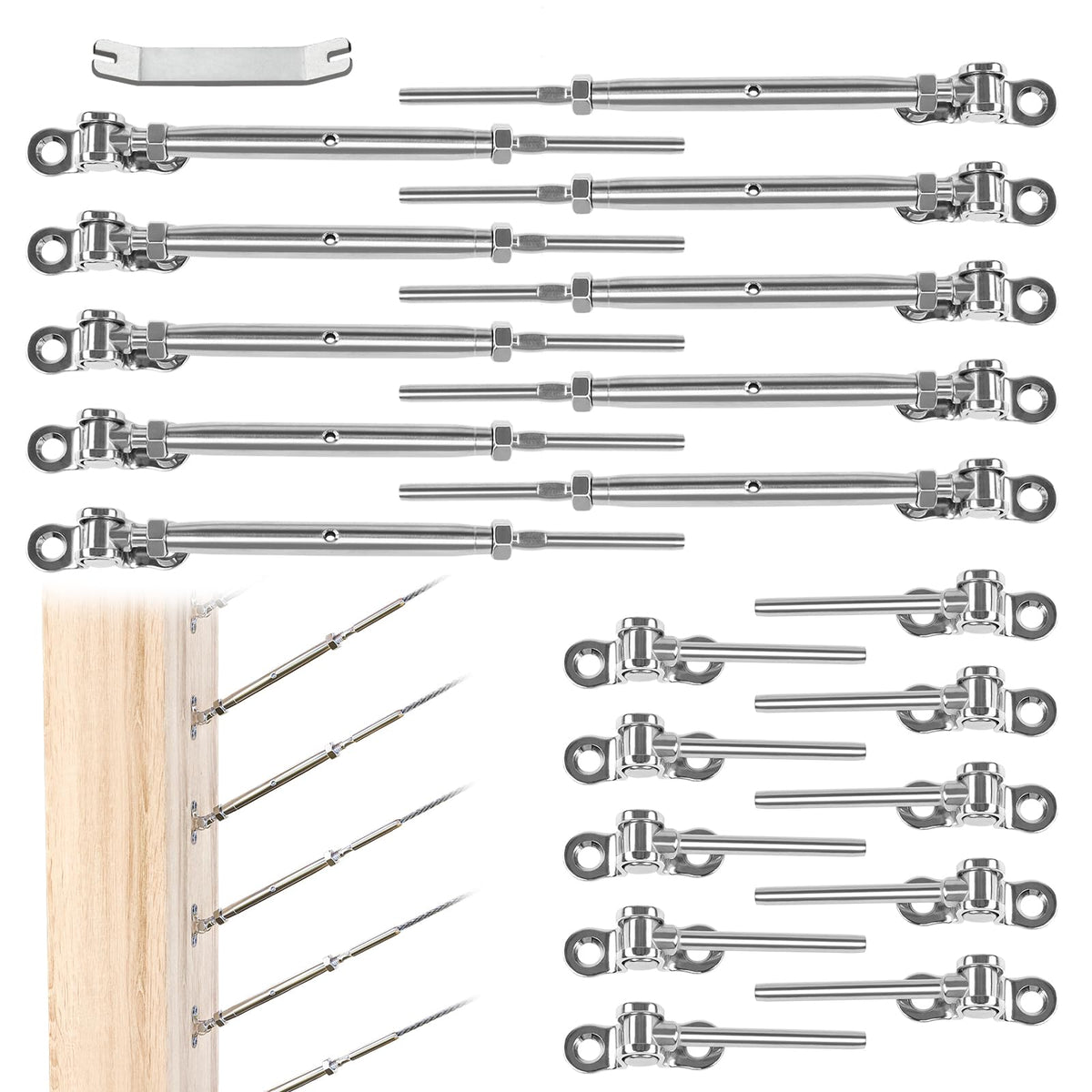 Muzata CK07 toggle turnbuckle on wood post enabling multi-angle railing.