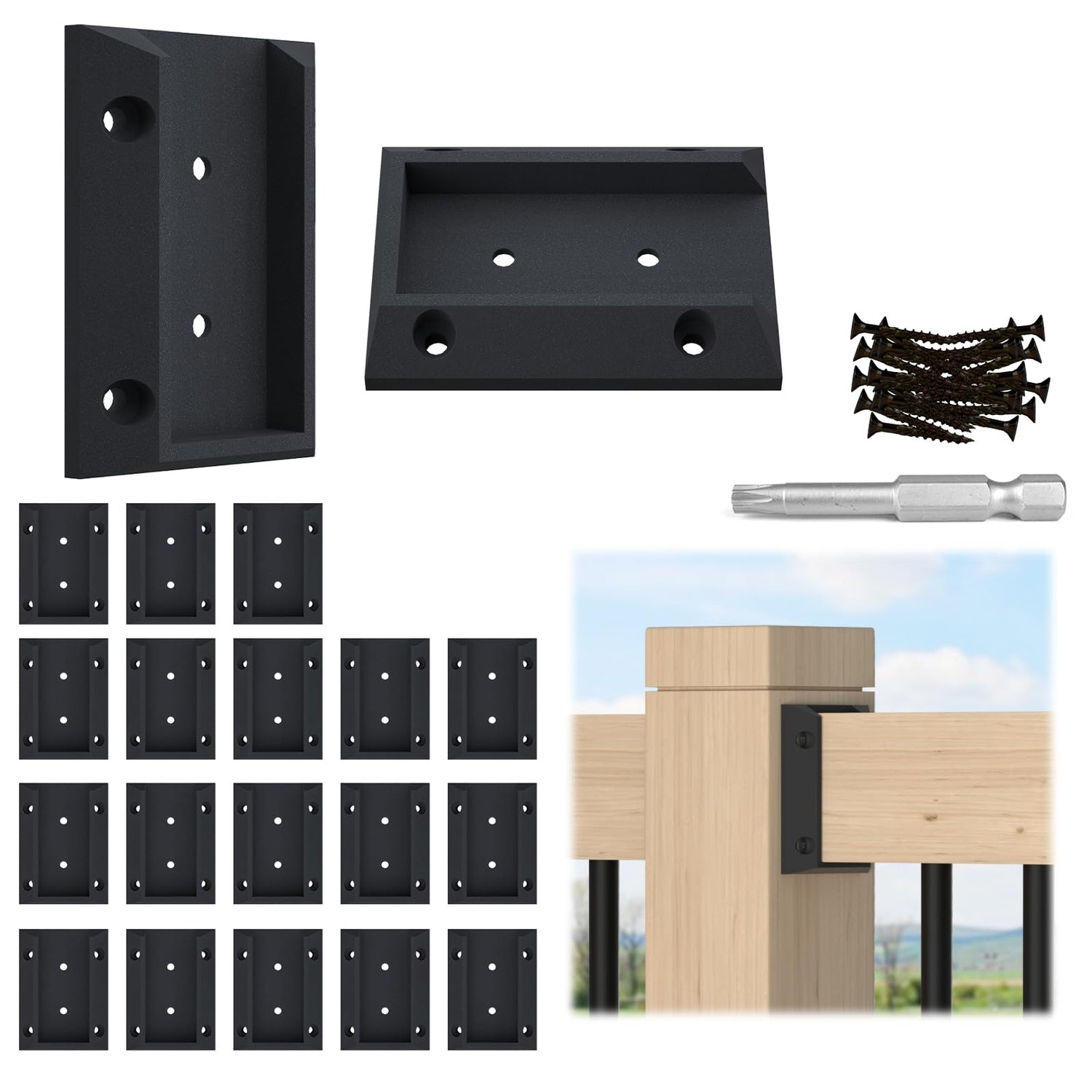 Muzata deck brackets on a 2x4 post with open side for wider rails.
