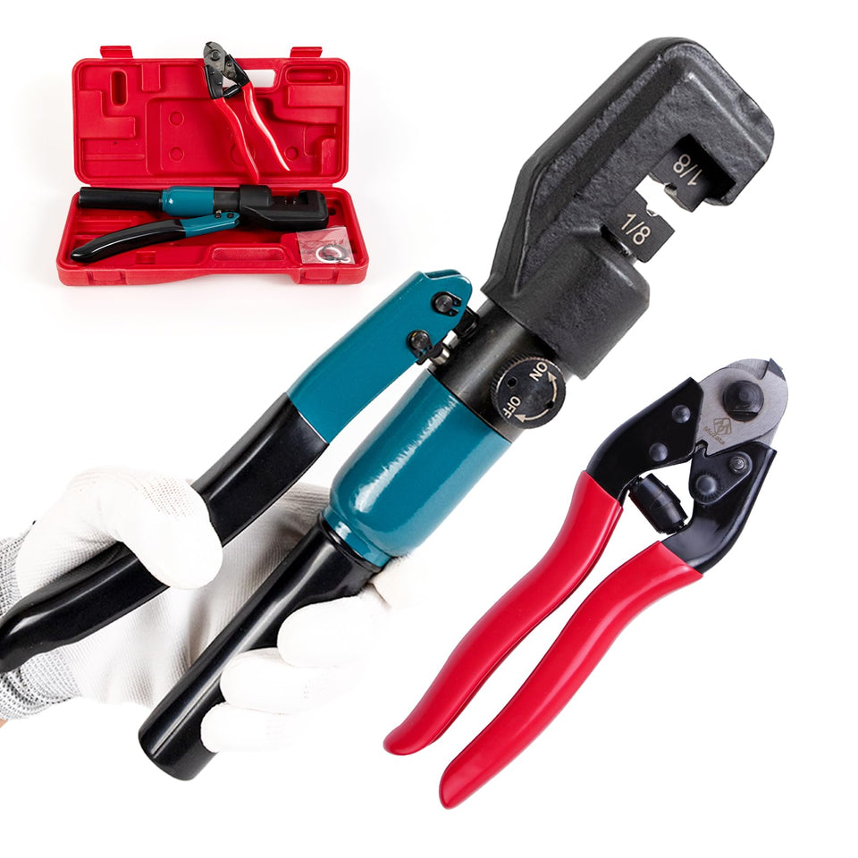 Muzata hydraulic crimper performing a clean 1/8-inch cable crimp for durable railings.