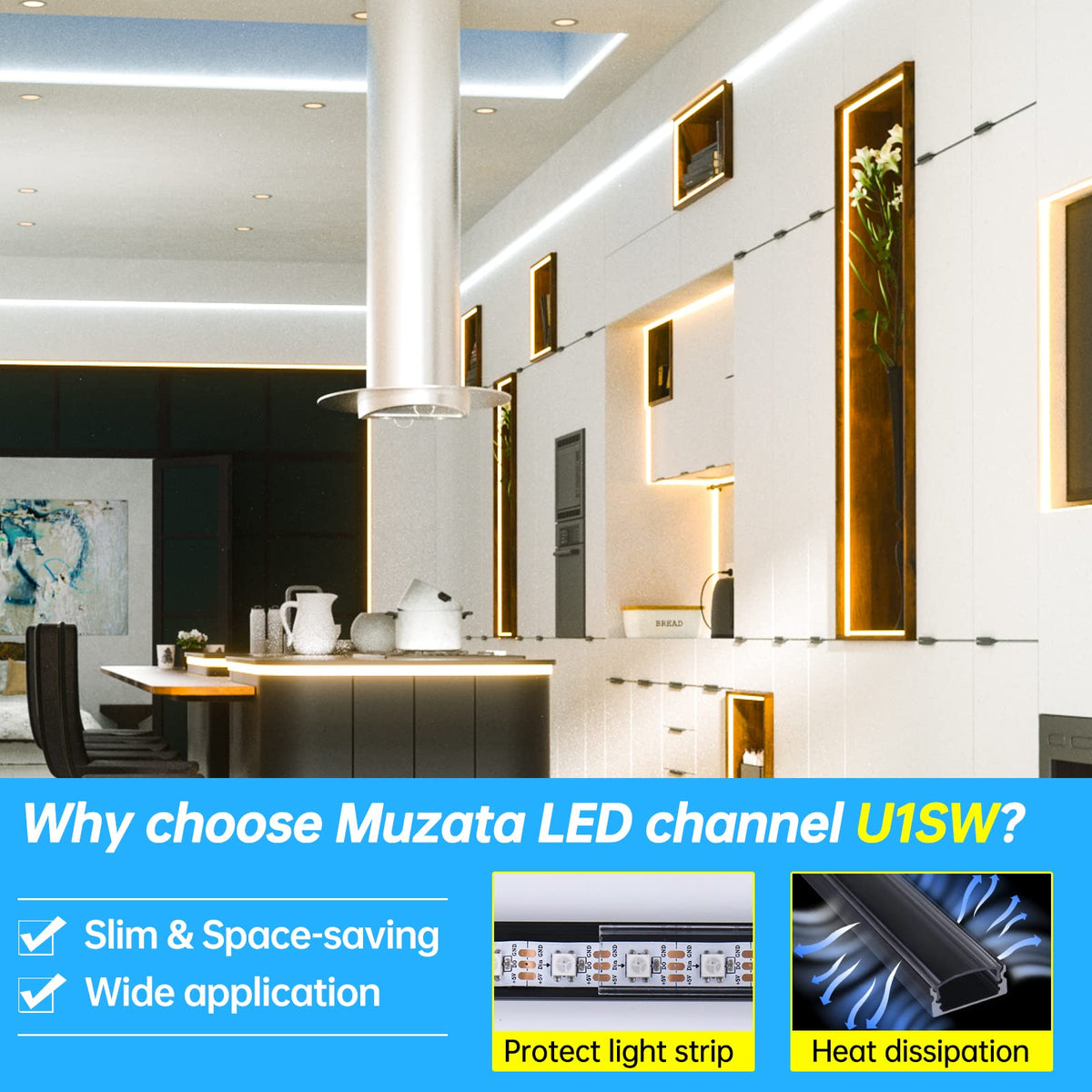 Muzata clear diffuser cover on LED channel for bright, even light