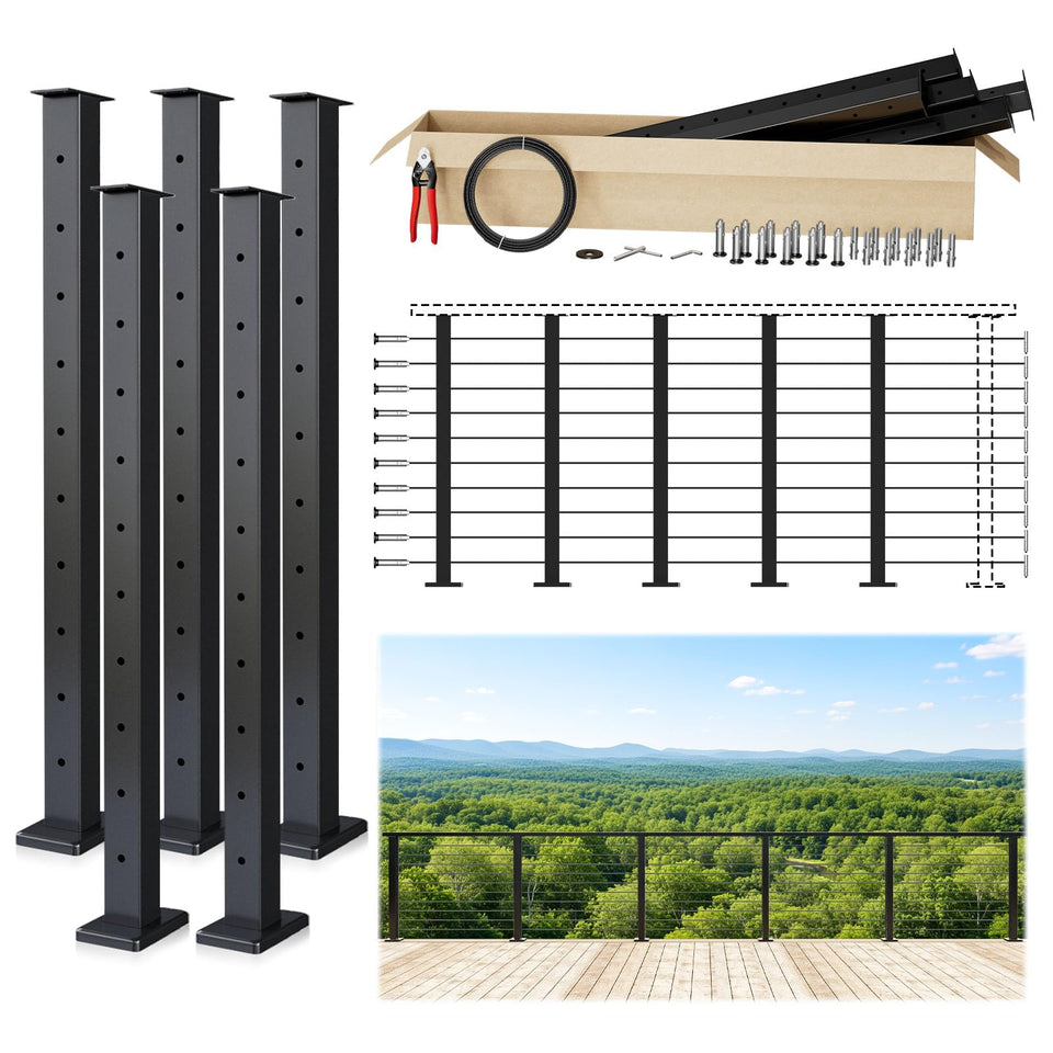 Muzata RW17 16-20ft modular black posts close-up for sturdy deck railing