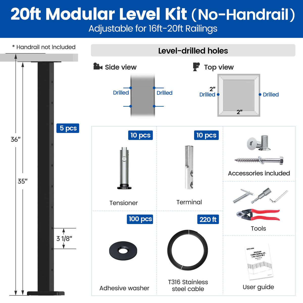 Muzata swageless invisible tensioners installed for clean, tool-free cable tension