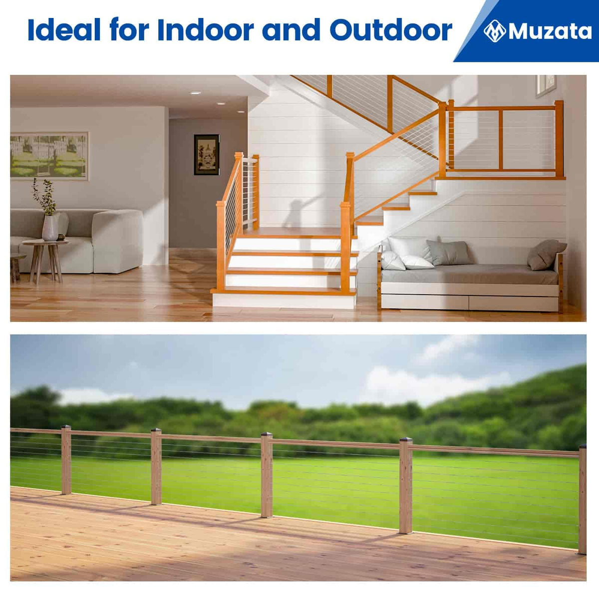 Muzata wood-post cable system helps create stylish, tensioned railings.