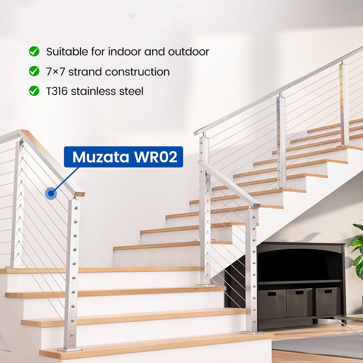 Muzata WR02 wire rope 7x7 shows flexible strength for railing projects.