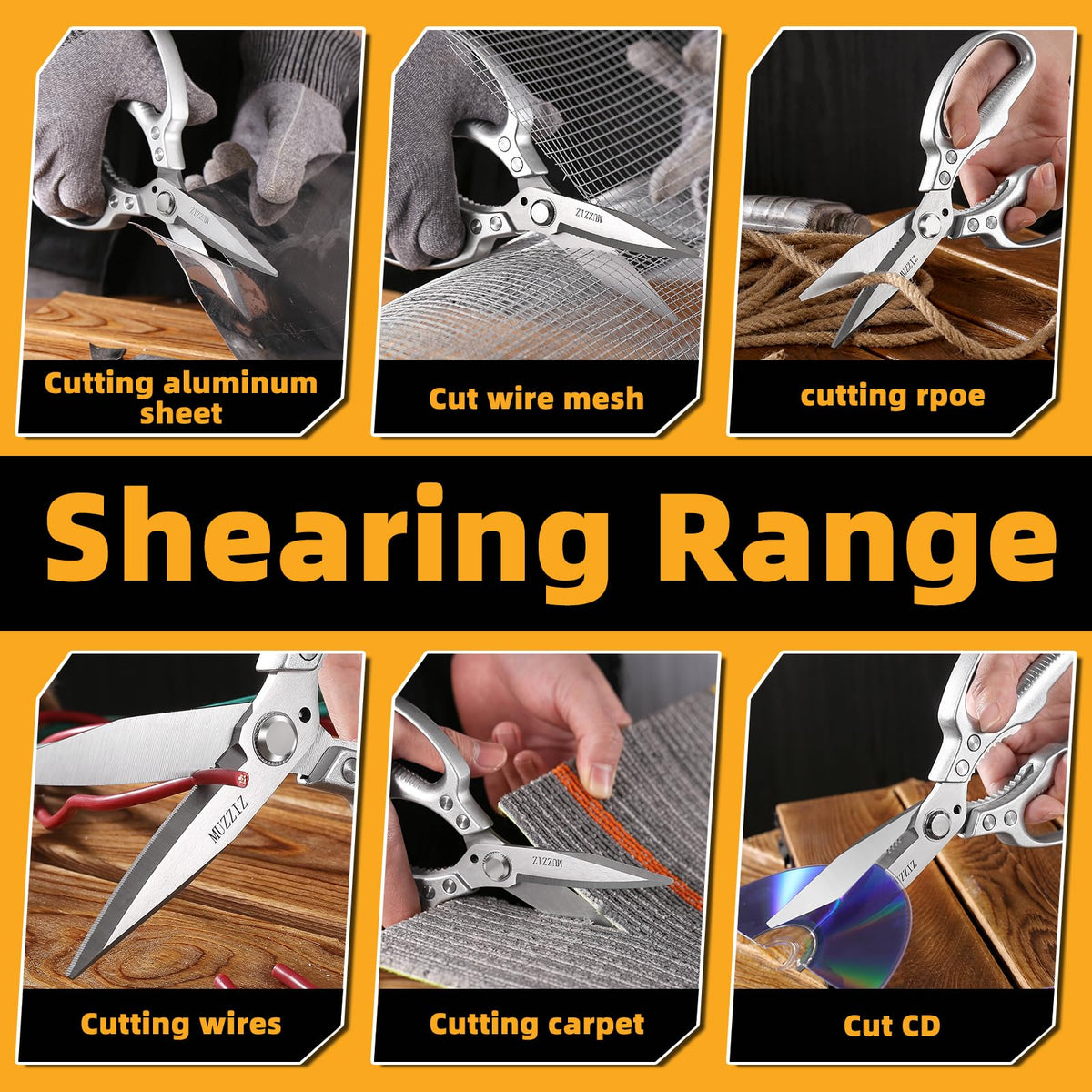 Muzziz scissors slicing wires safely with serrated grip.