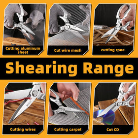 Muzziz scissors slicing wires safely with serrated grip.