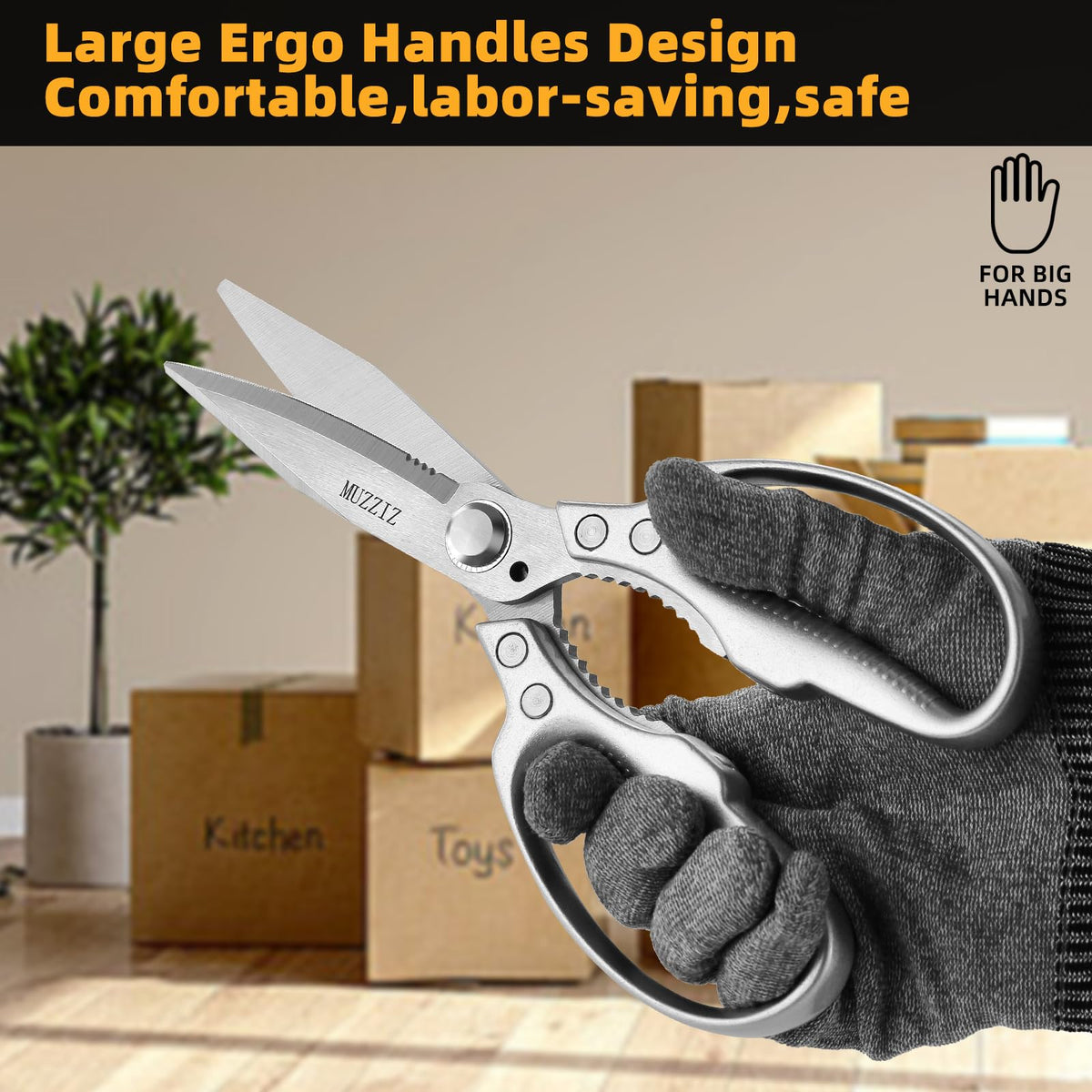 Muzziz heavy-duty scissors ergonomic handle provides comfortable grip during extended use.