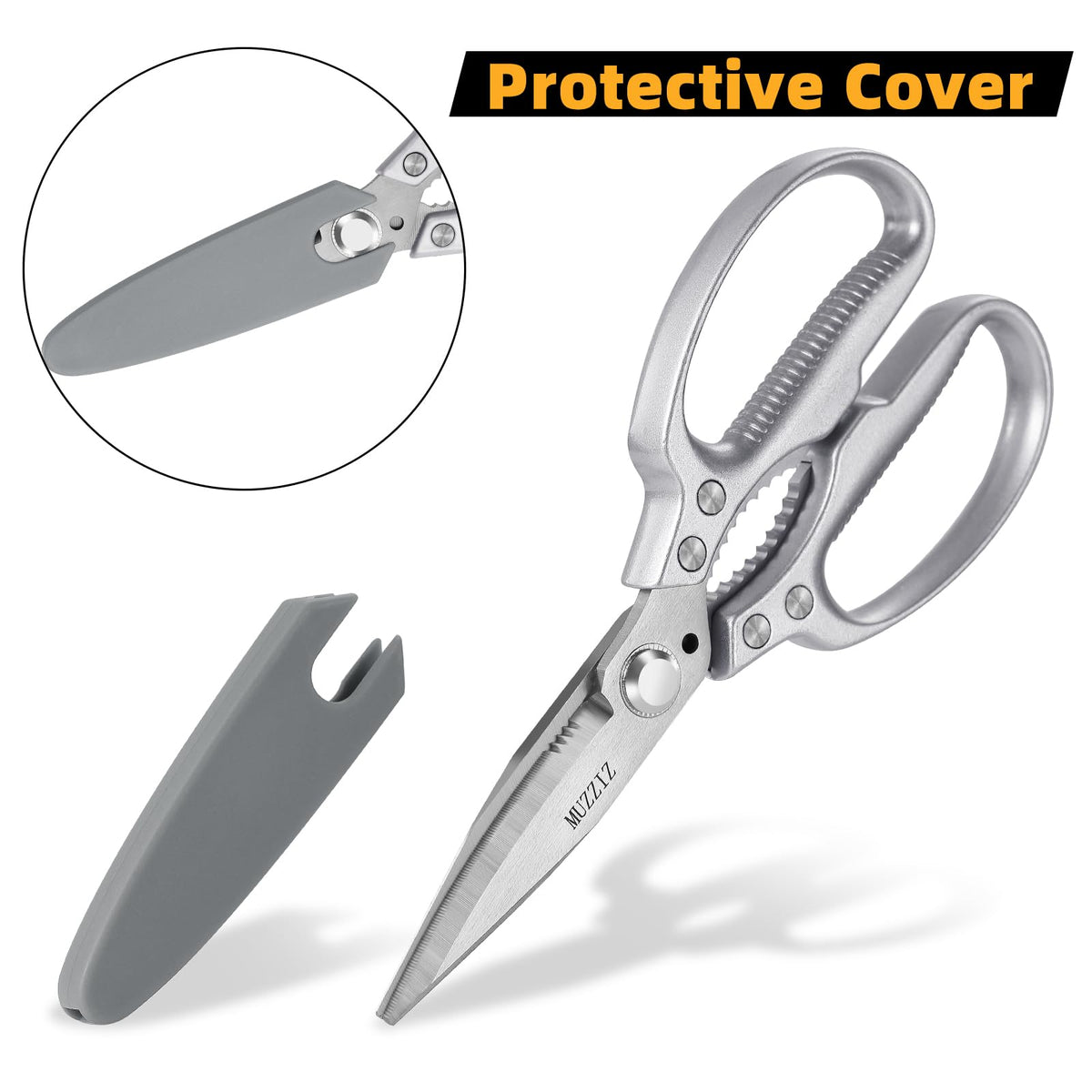 Muzziz scissors include protective sheath for safe storage.