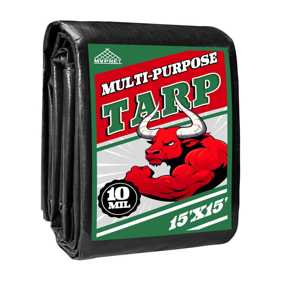 MVPNET tarp 15x15 in green and black, rugged camping shelter.
