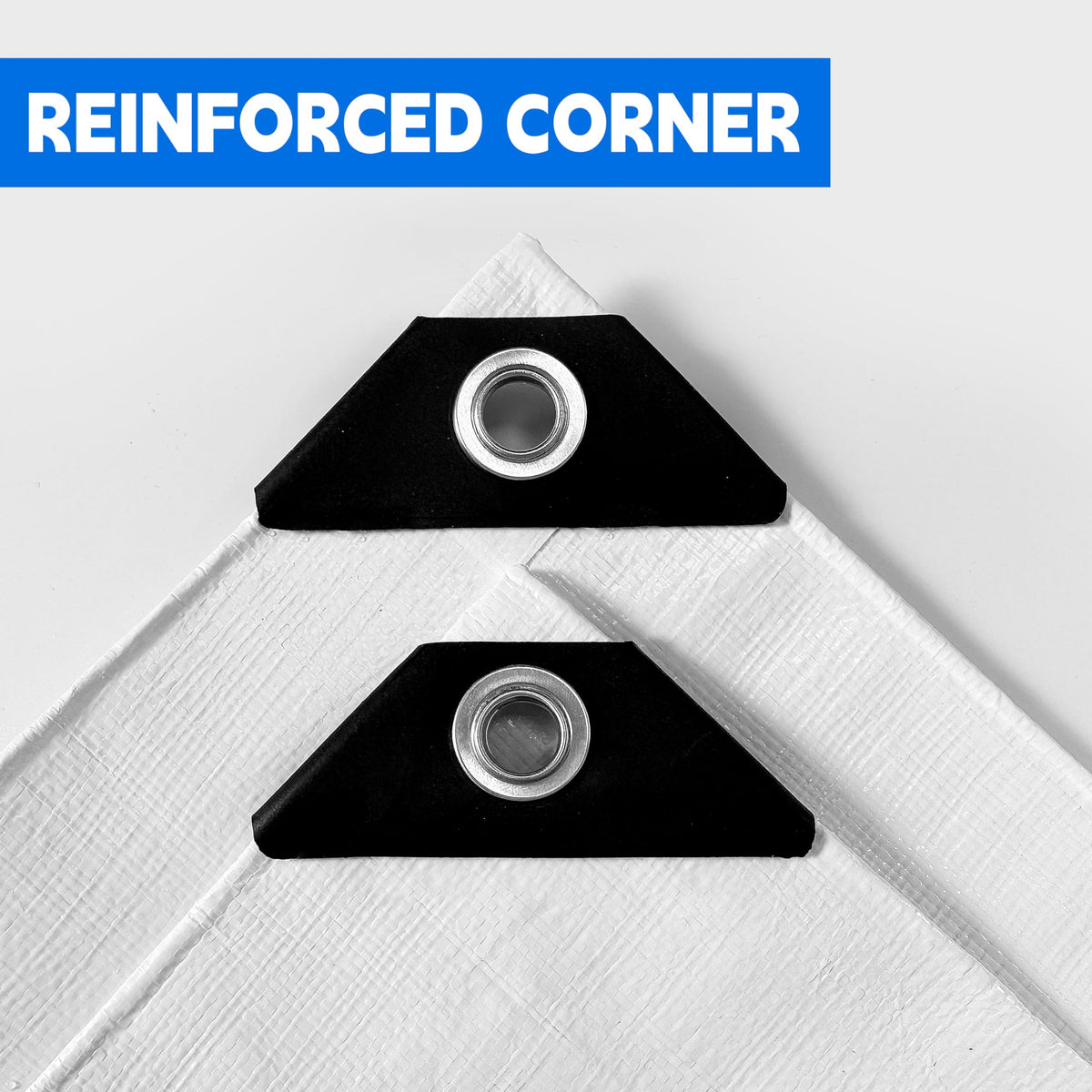 MVPNET tarp edge reinforcement close-up showing durable aluminum zinc rim for wind resistance.