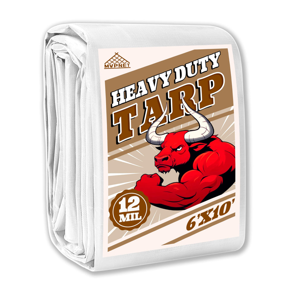MVPNET tarp 6x10ft front view, durable white waterproof cover for outdoor use.