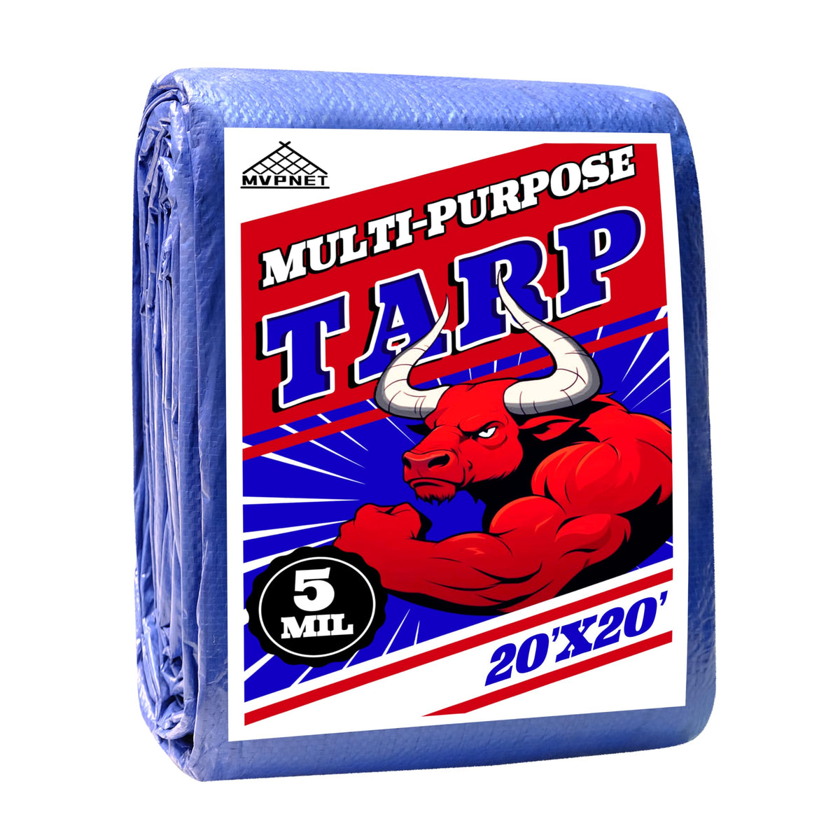 MVPNET 20x20 ft blue tarp covering protects gear from rain and sun