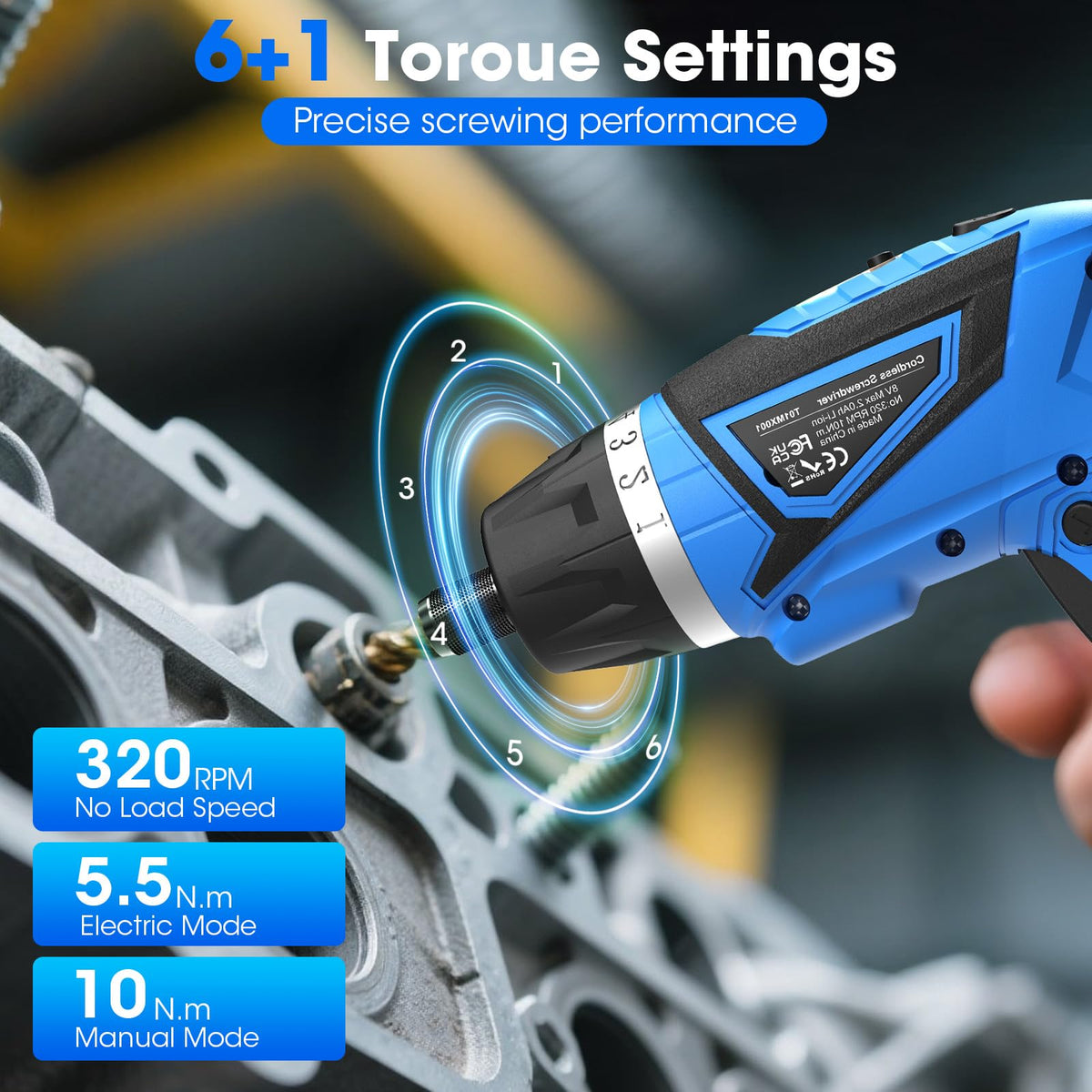 MXMZHXU 1/4-inch hex chuck enables quick bit changes.