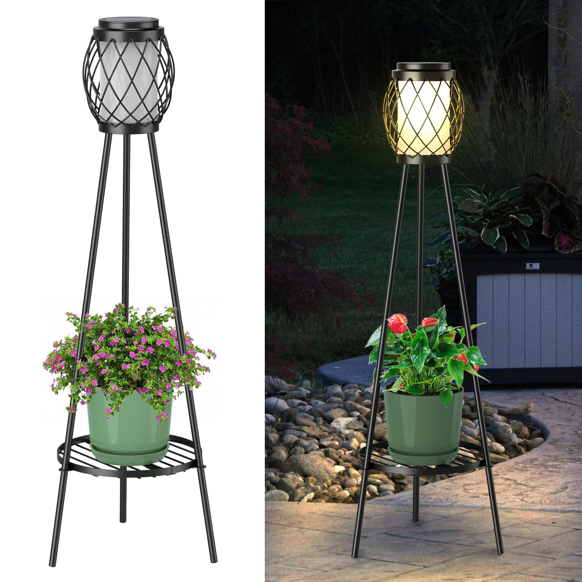 MXwcy 2-in-1 solar lamp with plant stand illuminates and displays potted plants.