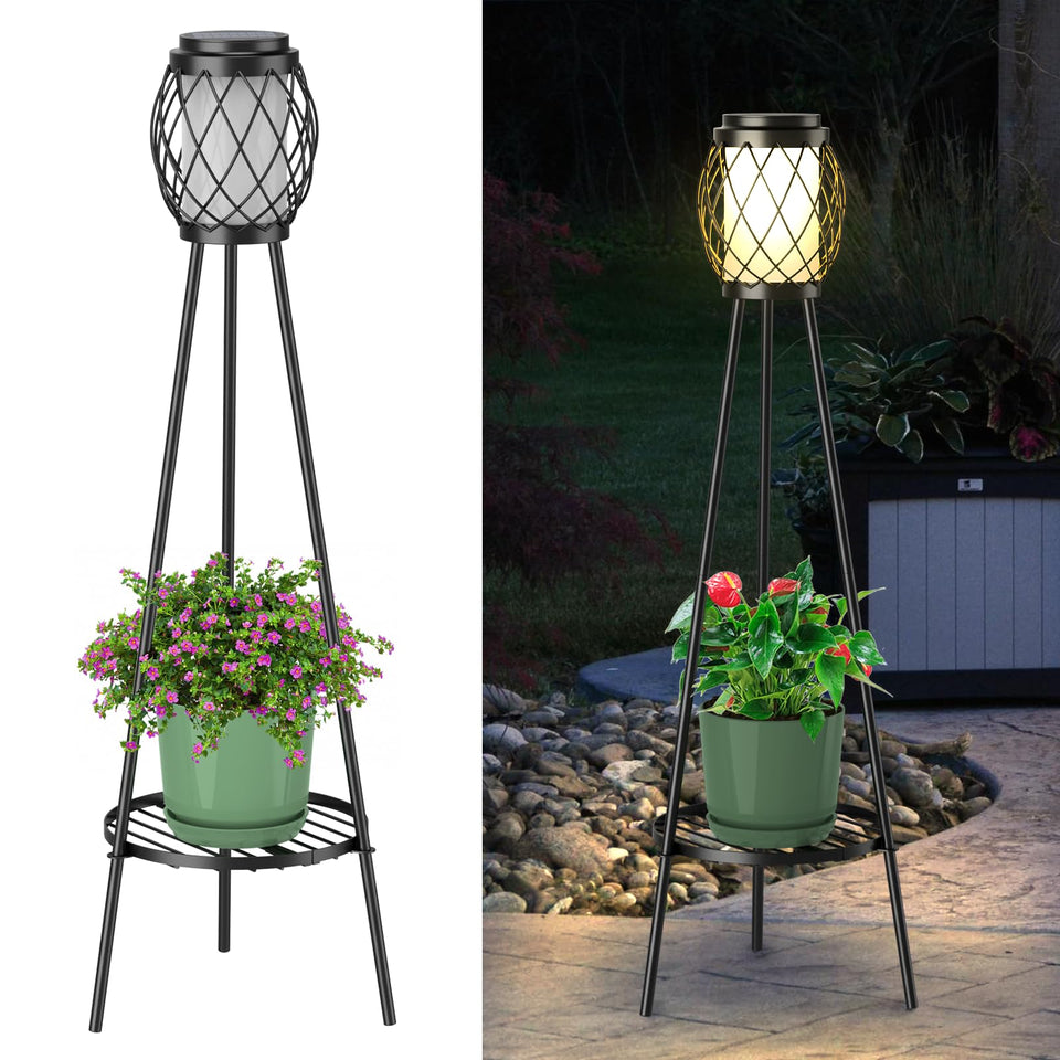 MXwcy 2-in-1 solar lamp with plant stand illuminates and displays potted plants.