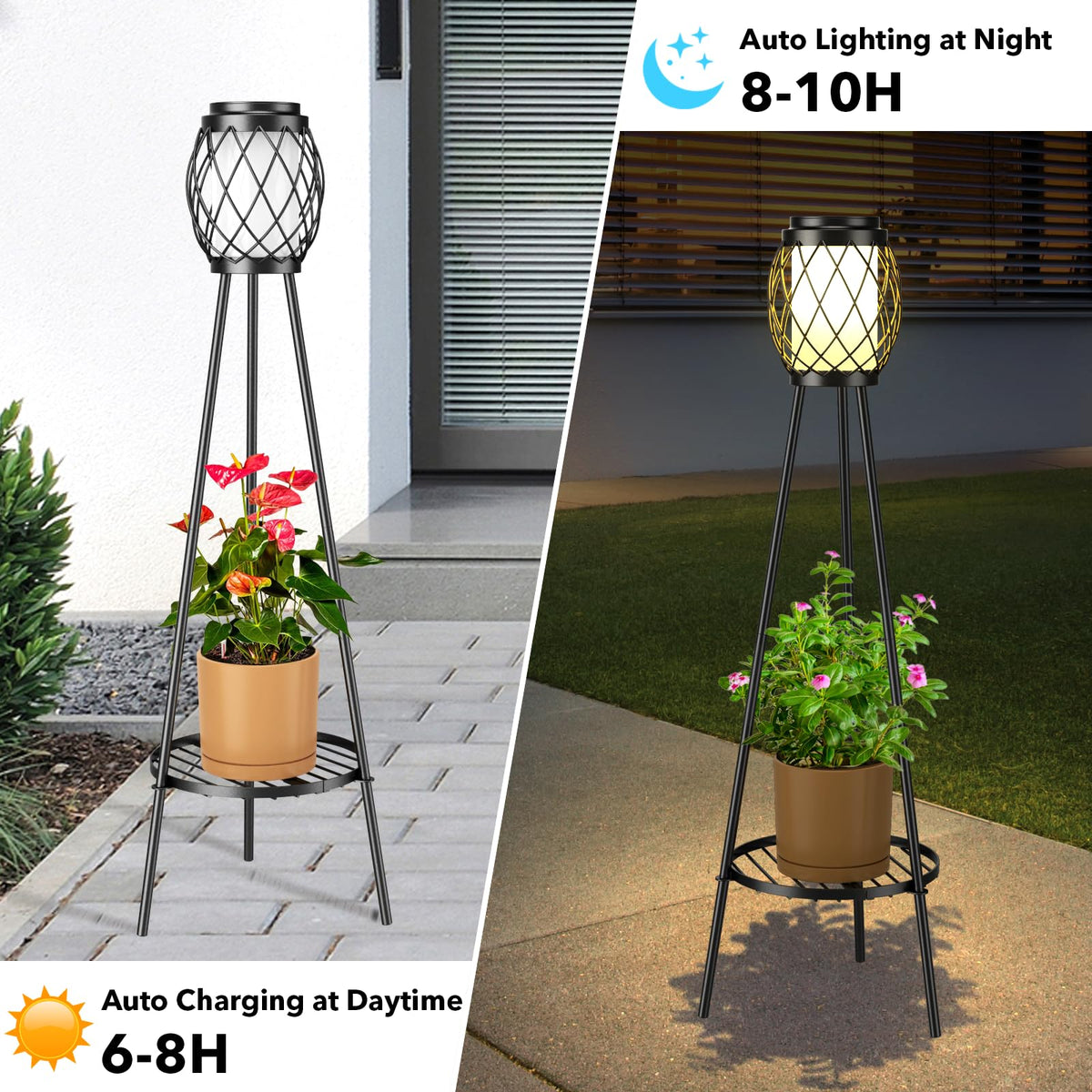 MXwcy geometric lantern on a tripod brightens the garden at night.