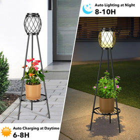MXwcy geometric lantern on a tripod brightens the garden at night.