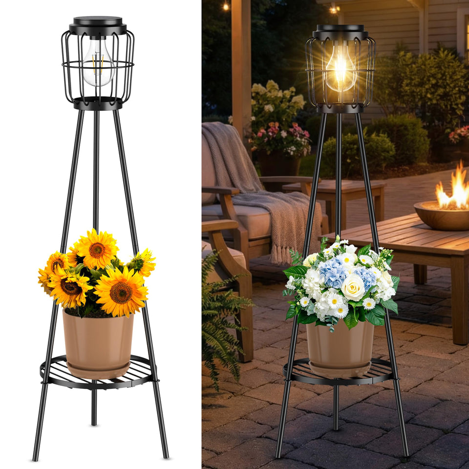 MXwcy solar lights with plant stand illuminate garden walkways at night
