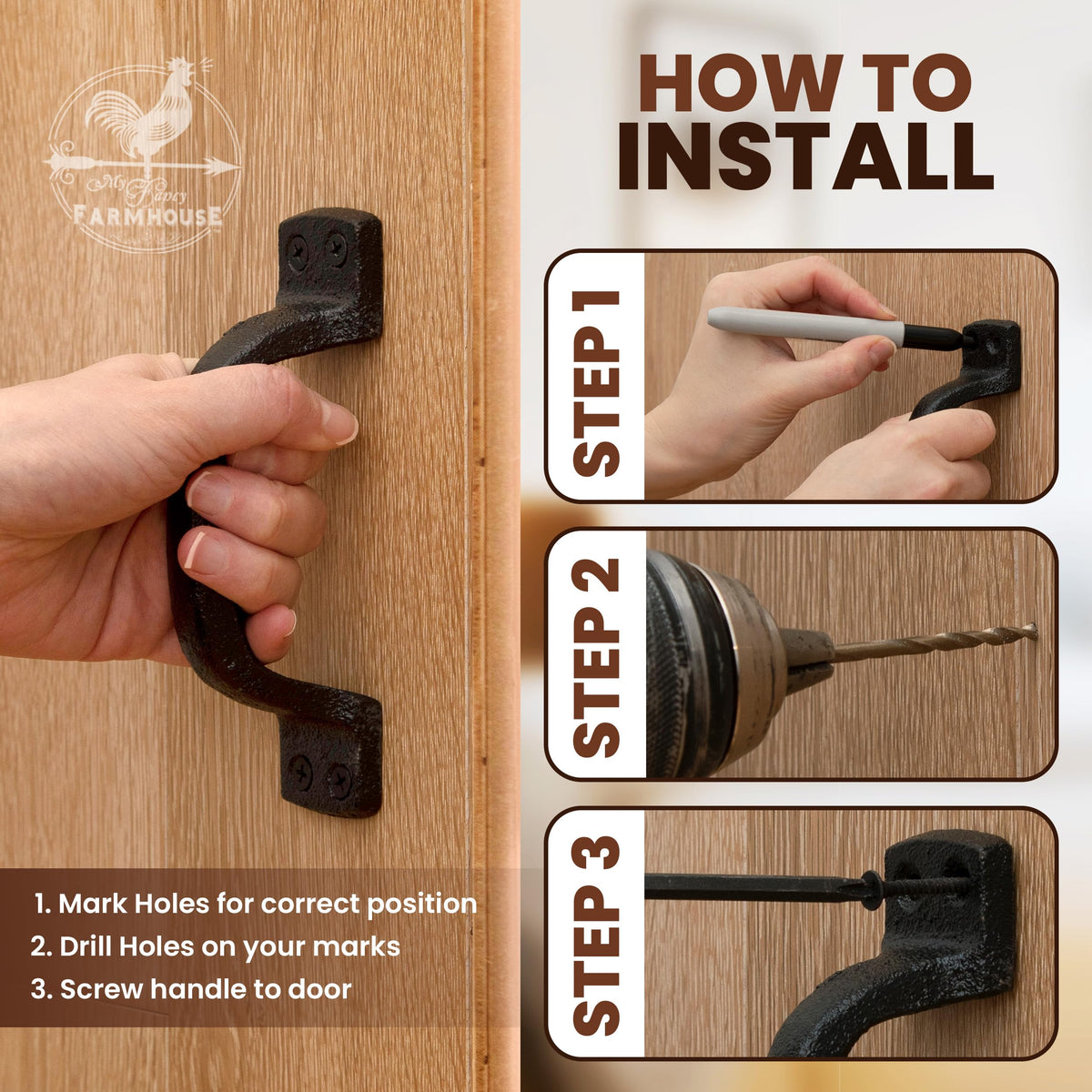 Heavy-duty My Fancy Farmhouse handles suitable for shed or garage doors.