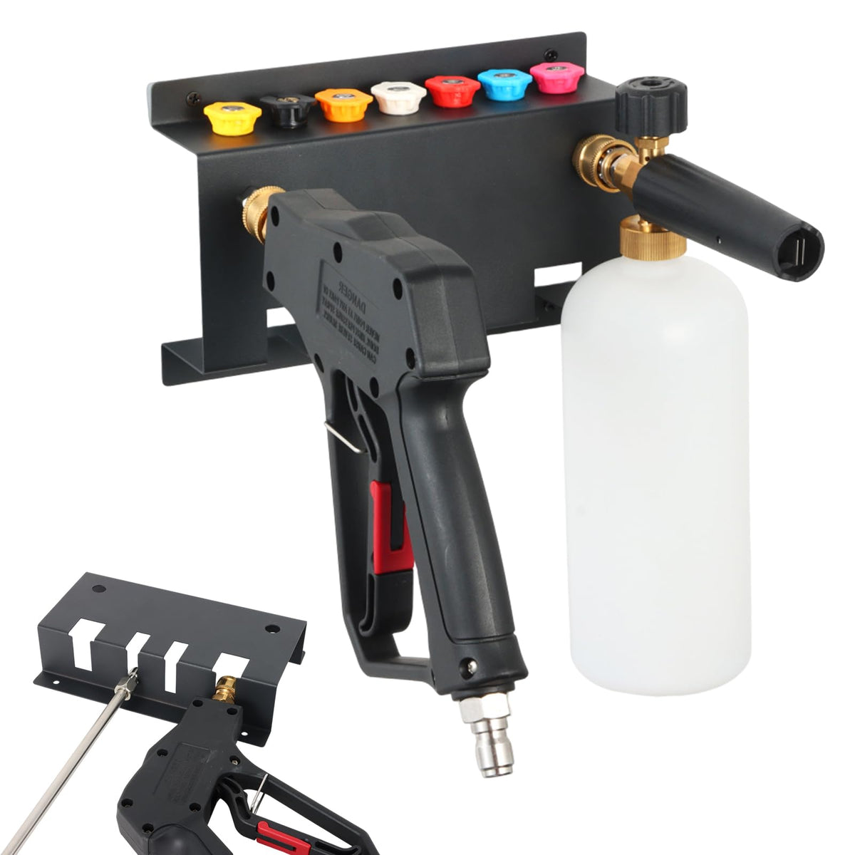 MYHLPER pressure washer gun holder on wall saves space and keeps tools organized.