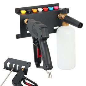 MYHLPER pressure washer gun holder on wall saves space and keeps tools organized.