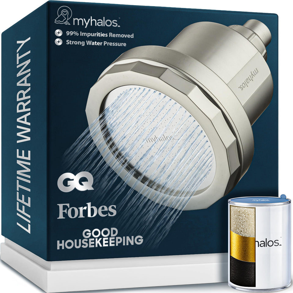 MyHalos filtered shower head with brushed metal finish delivering a durable high-pressure spray