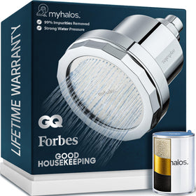 MyHalos filtered shower head chrome closeup showing three-stage filtration for purer water