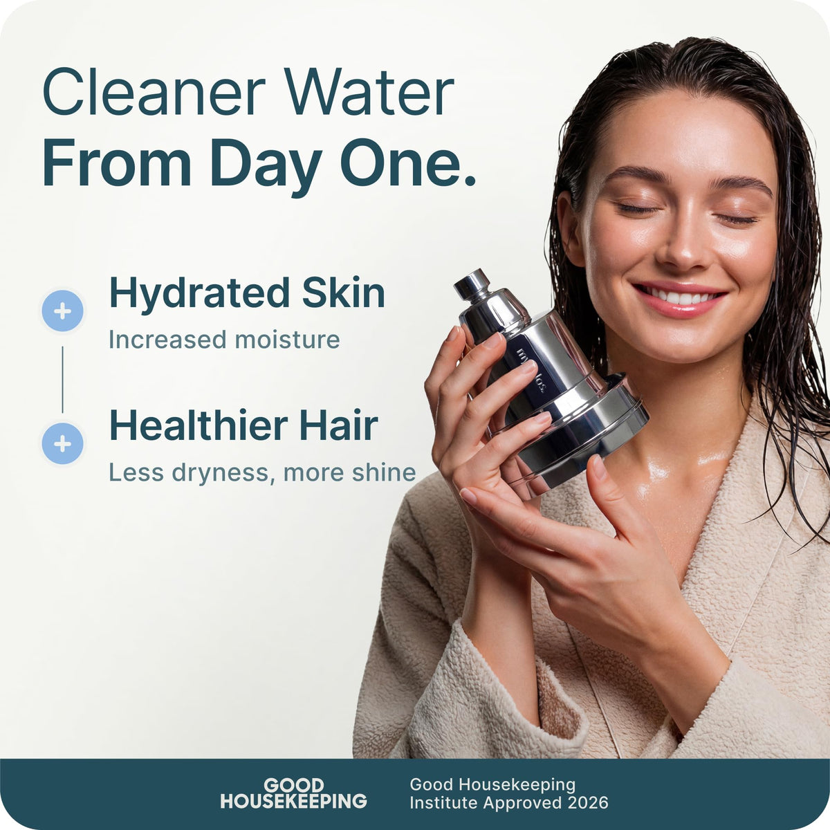MyHalos chrome shower head spray demonstrates high-pressure flow for a refreshing rinse