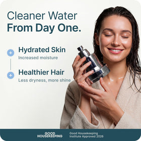 MyHalos chrome shower head spray demonstrates high-pressure flow for a refreshing rinse