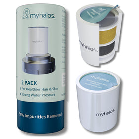 MyHalos fixed hard-water filter two-pack reduces chlorine for smoother skin.