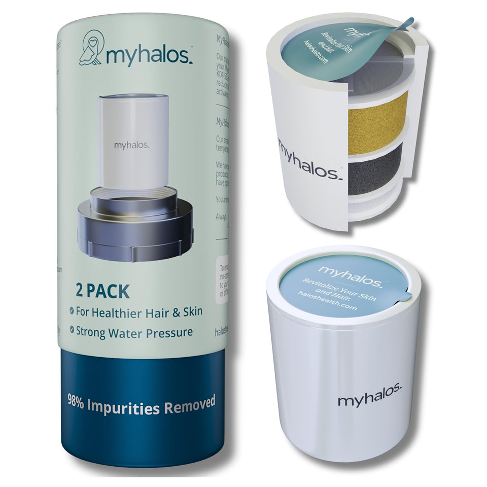 MyHalos fixed hard-water filter two-pack reduces chlorine for smoother skin.