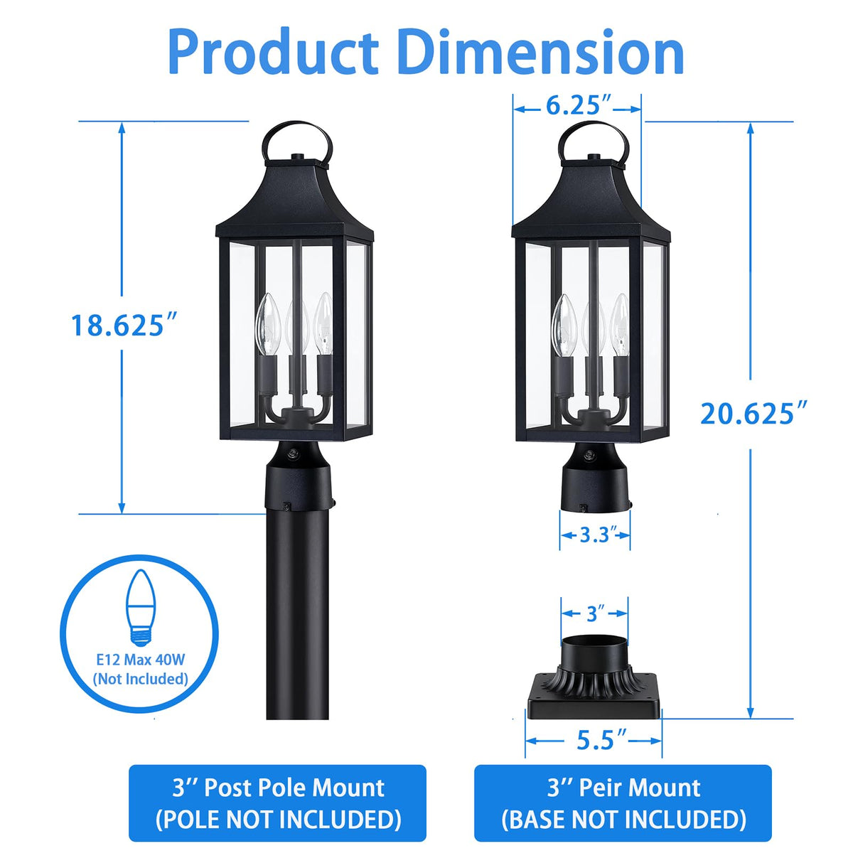 MYHXQ dusk-to-dawn post light uses E12 bulb base up to 40W
