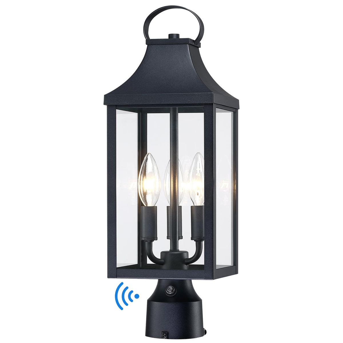 MYHXQ dusk-to-dawn post light front view shows weatherproof outdoor illumination