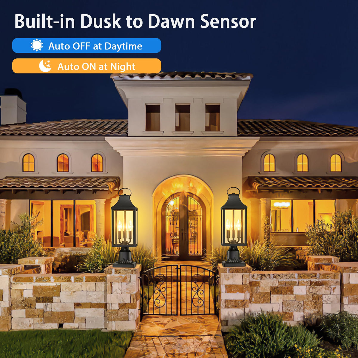 MYHXQ dusk-to-dawn post light side installation demonstrates mounting on a pillar