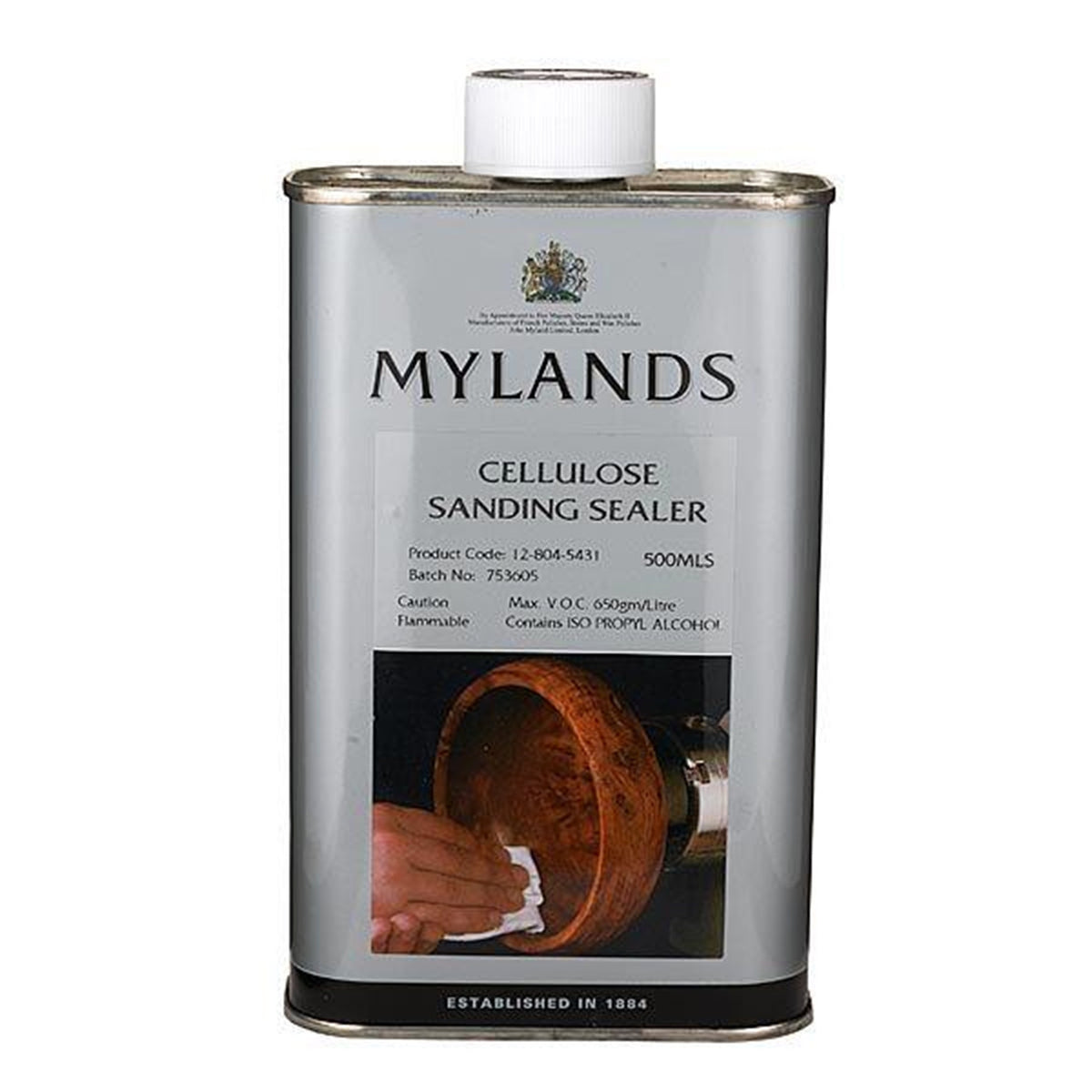 Mylands Cellulose Sanding Sealer bottle close-up for a clear base.