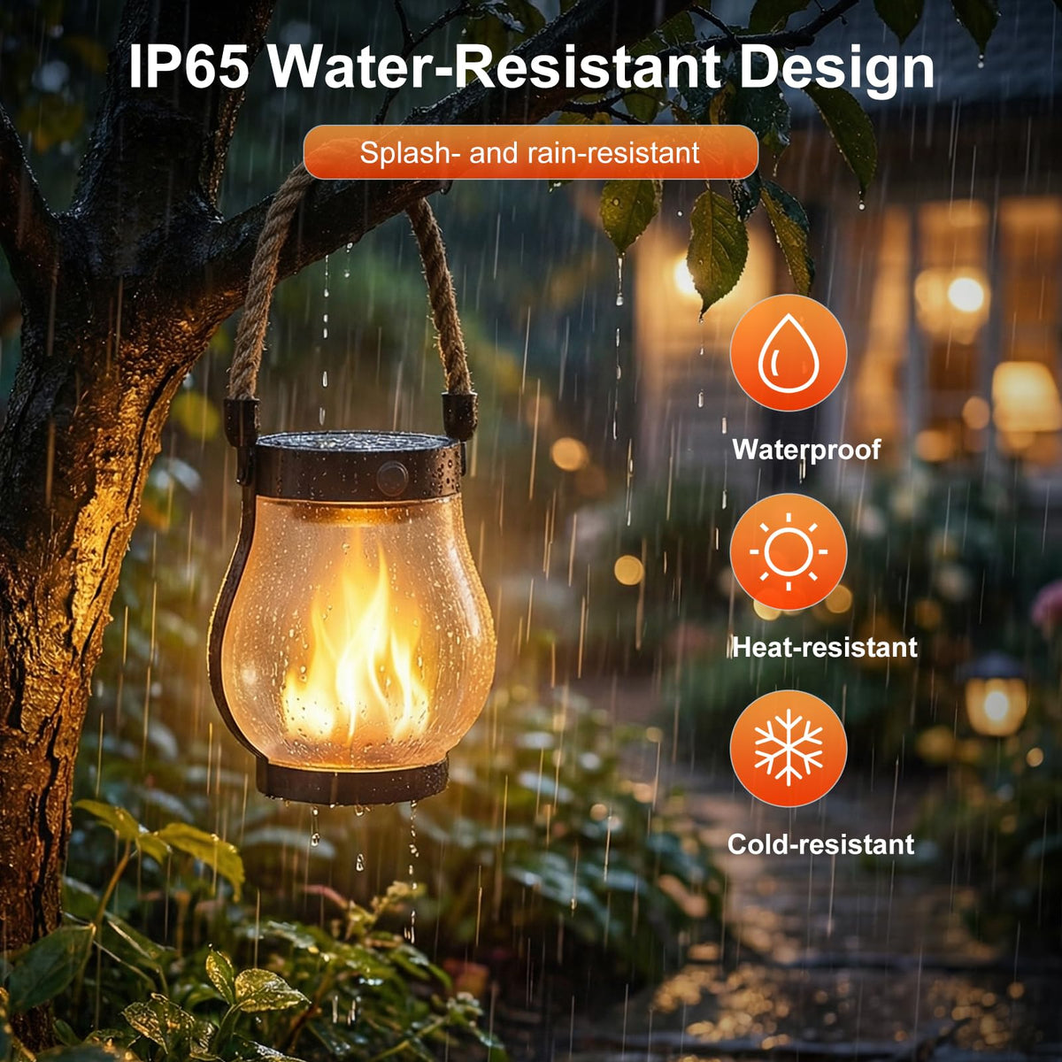 MYLLIUIM IP65 waterproof lantern withstands rain on a patio or garden.