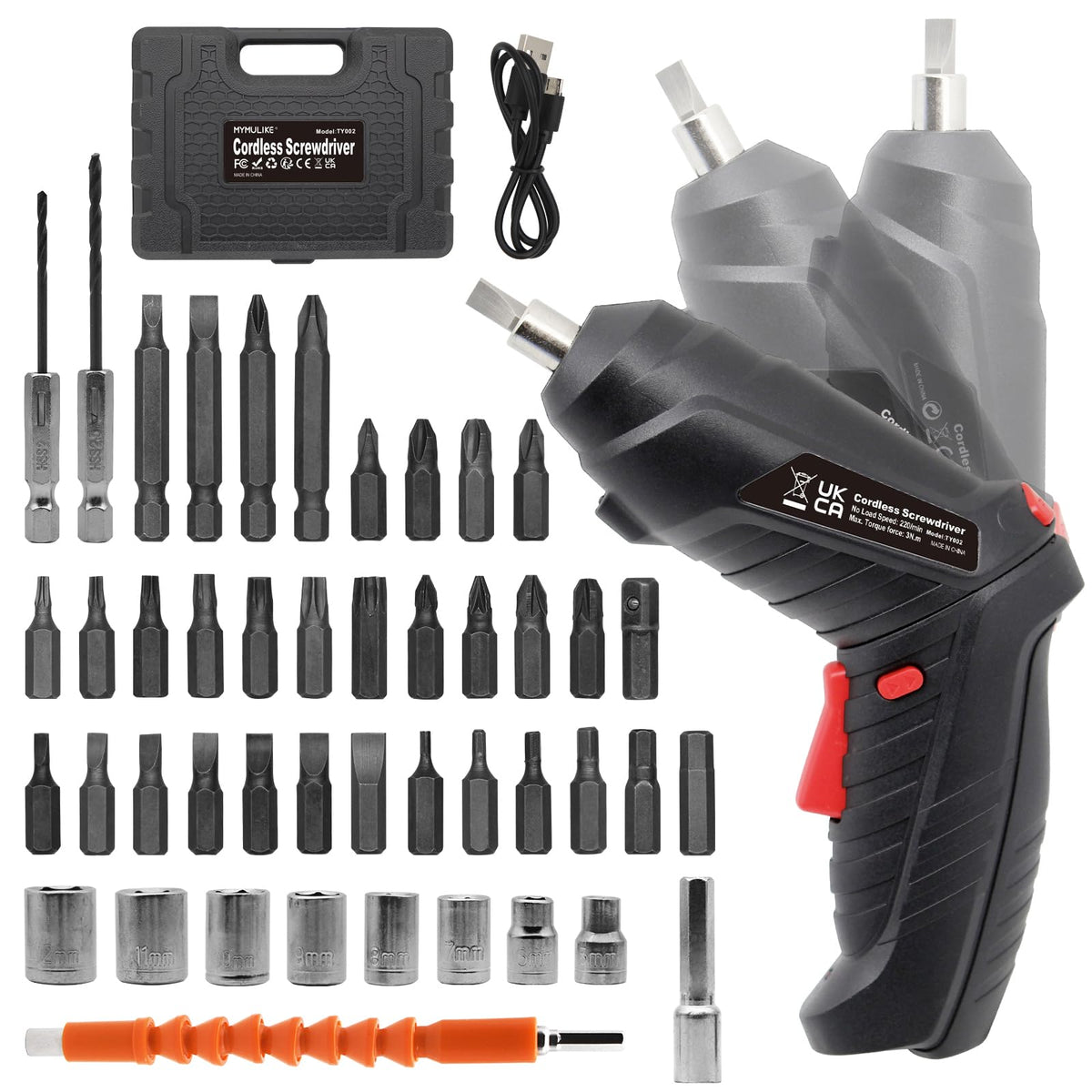 MYMULIKE cordless screwdriver front view for compact home assembly.