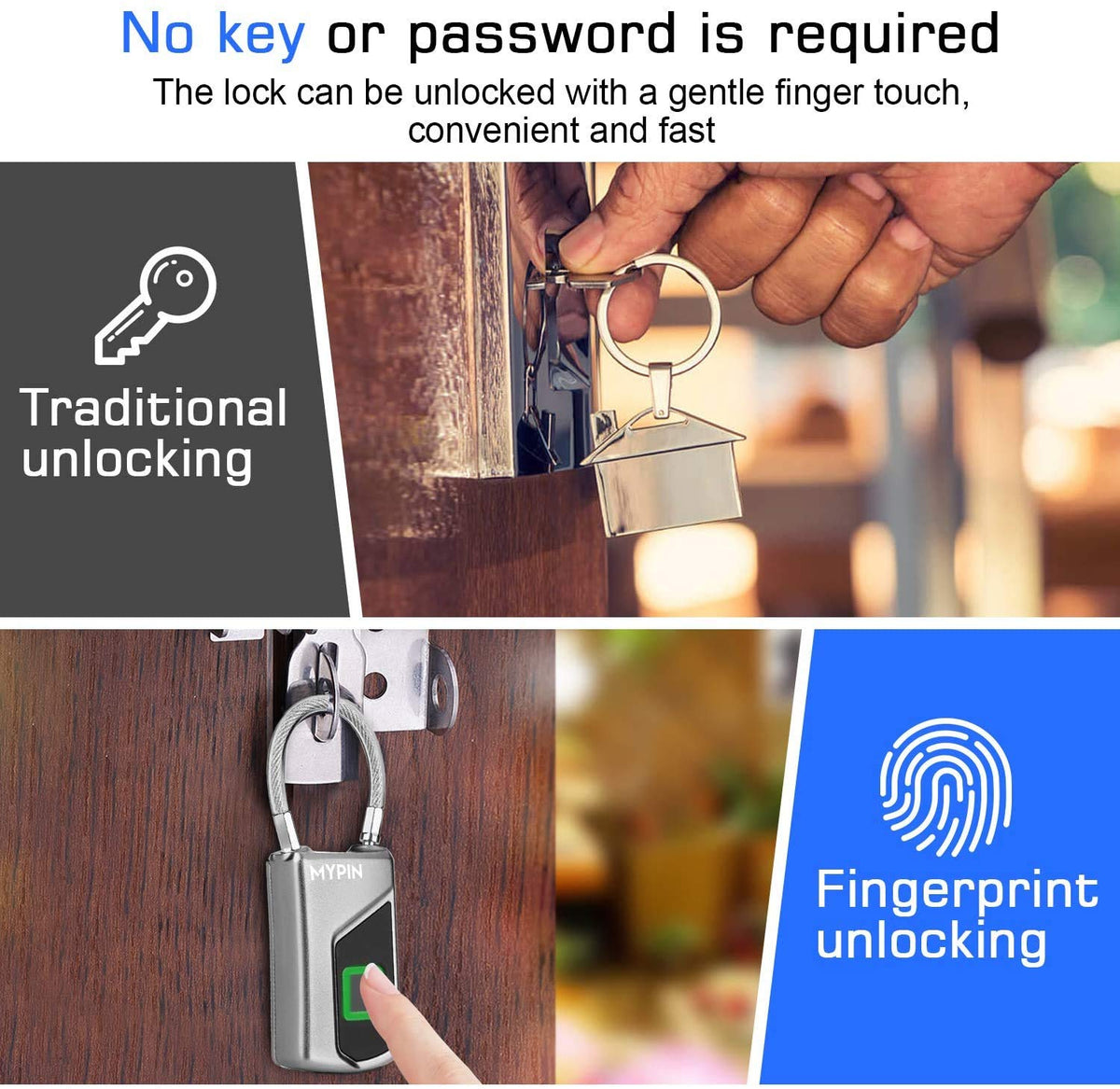 MYPIN fingerprint lock with stainless steel beam highlighting strong construction