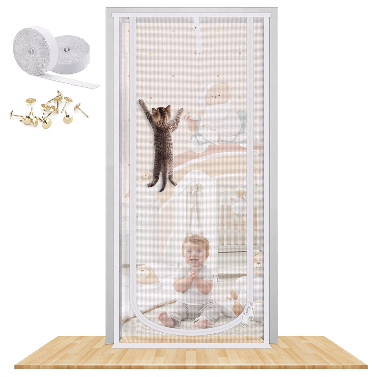 MYPIN reinforced cat screen door magnet closeup with dual zippers for easy entry