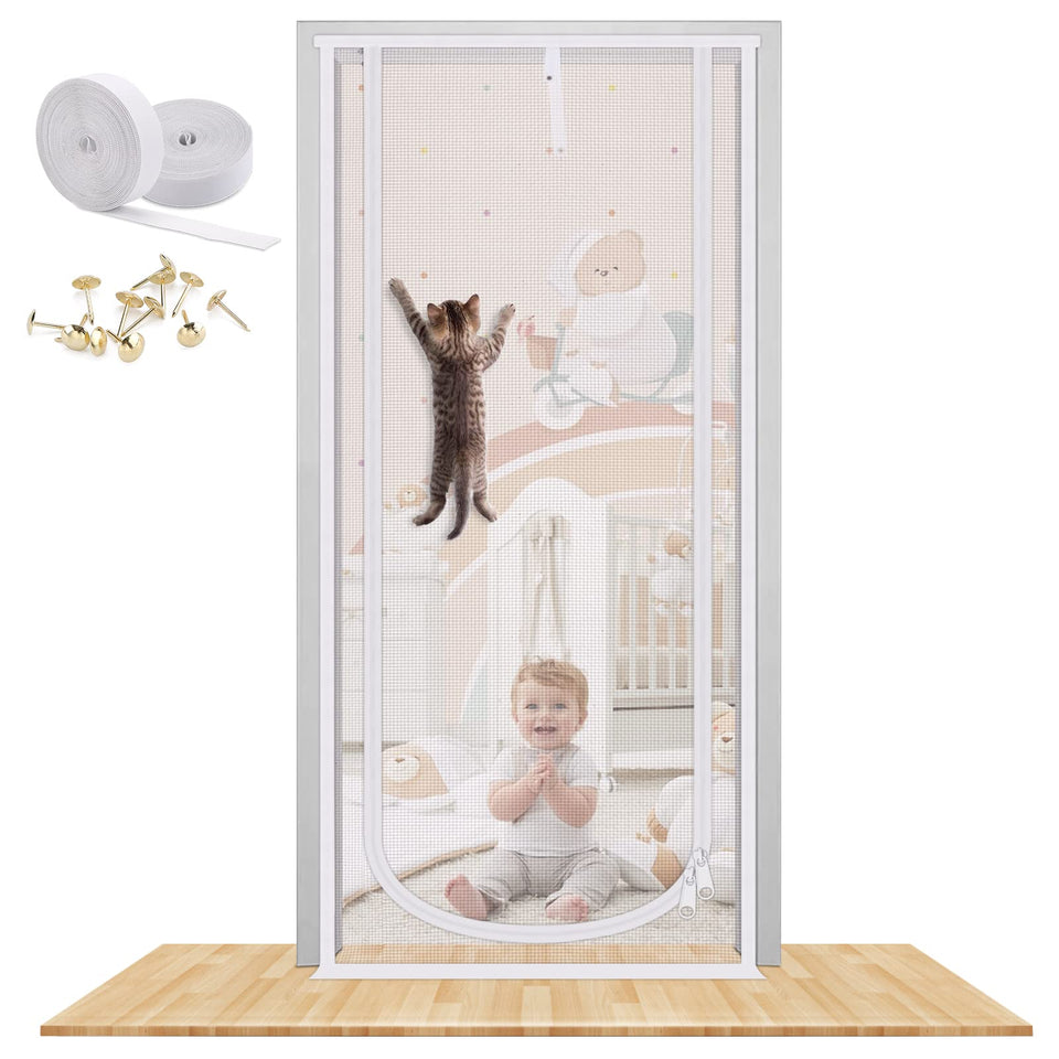 MYPIN reinforced cat screen door magnet closeup with dual zippers for easy entry