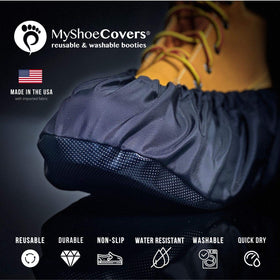 MyShoeCovers non-slip sole demonstrates secure footing on slick floors.