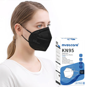 Mystcare KN95 black on-face view showing secure fit and comfort