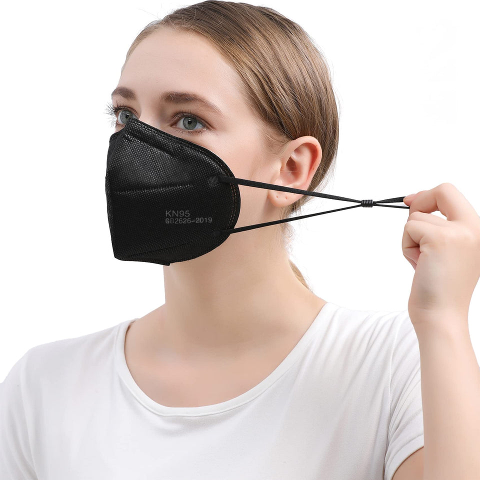 Mystcare KN95 black pack front with 50 masks for on-the-go protection