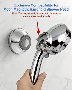 Mythlings chrome shower head holder with magnets enables easy hands-free use.