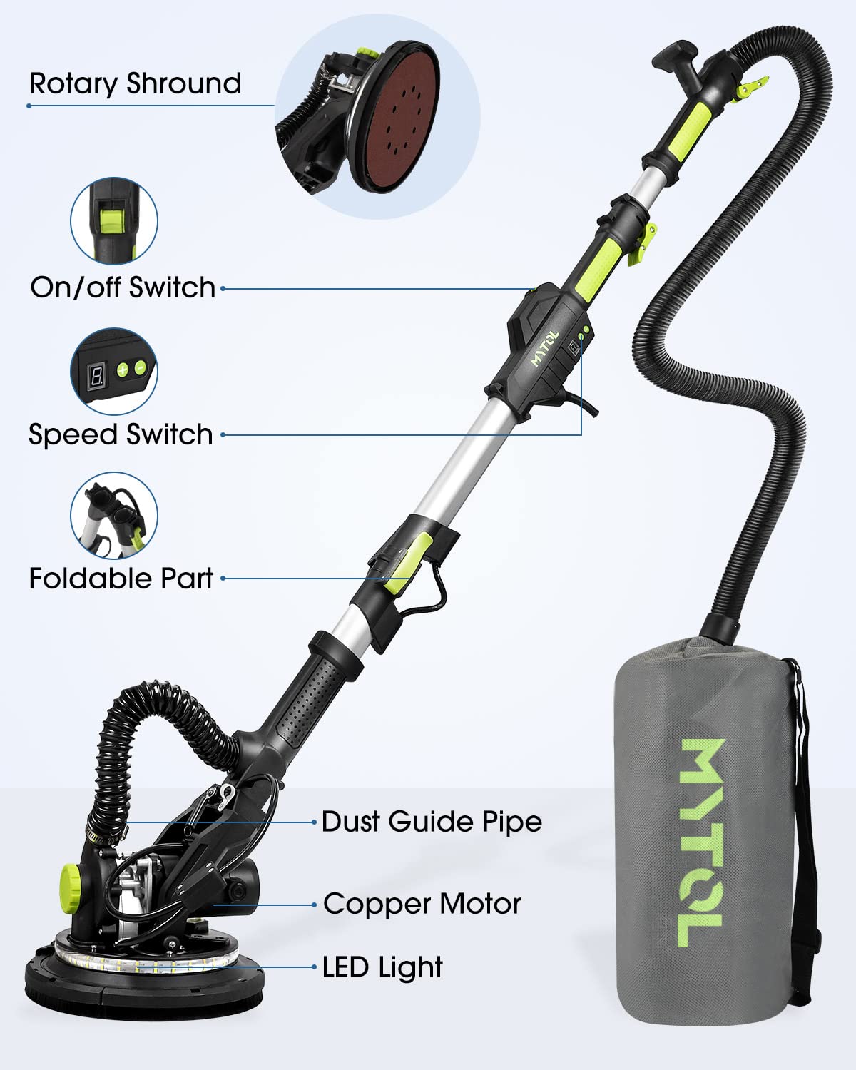 MYTOL drywall sander showing dual LED light for better visibility