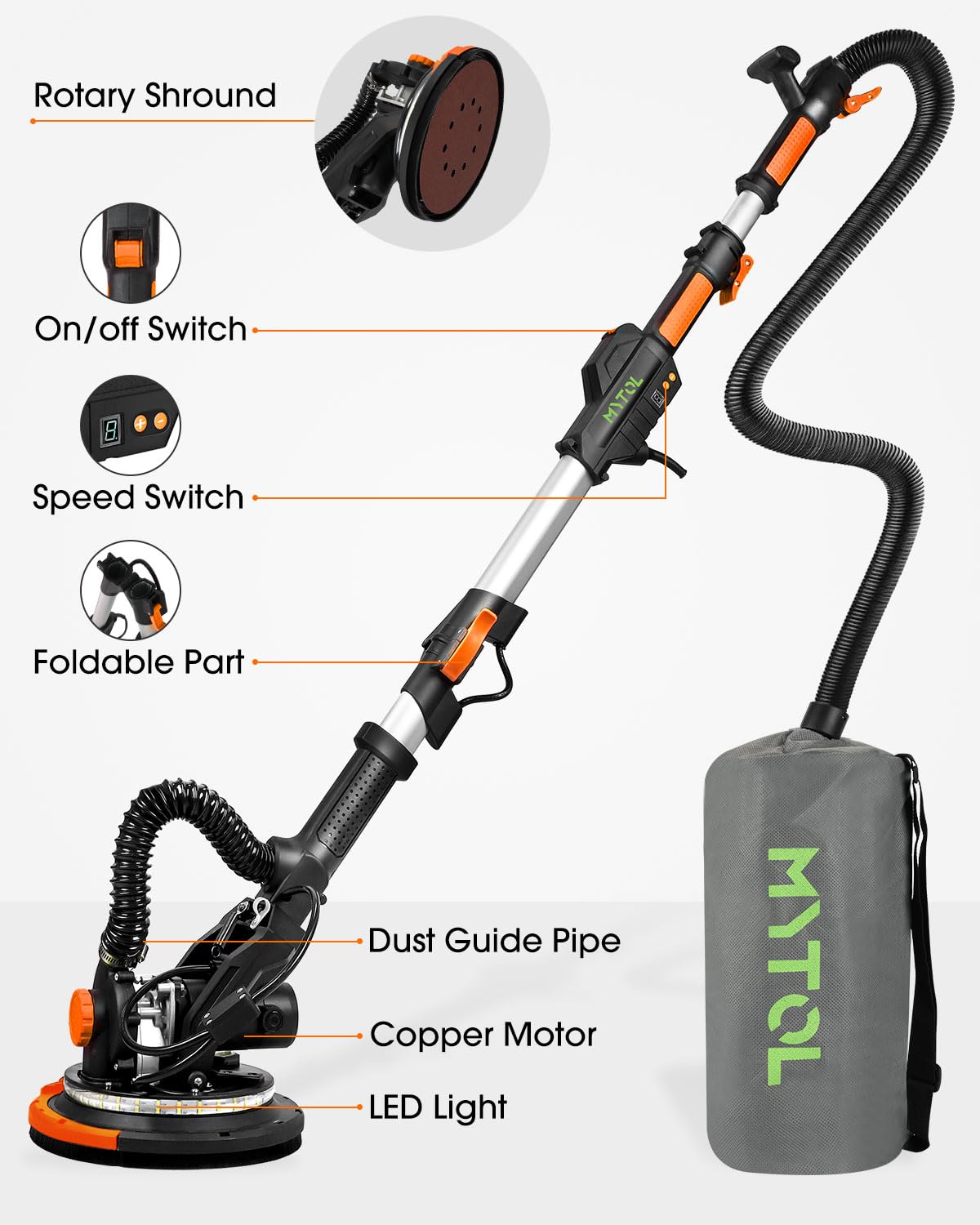 MYTOL drywall sander shows variable speed control for different textures