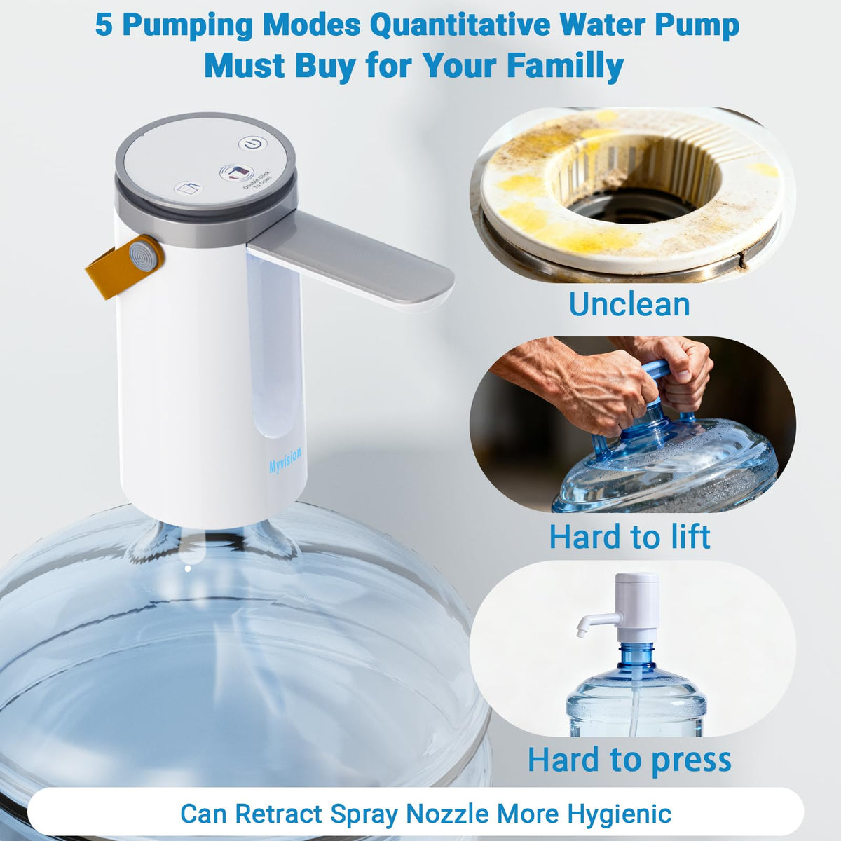 Myvision 5-gallon compatible pump fits most standard jugs.