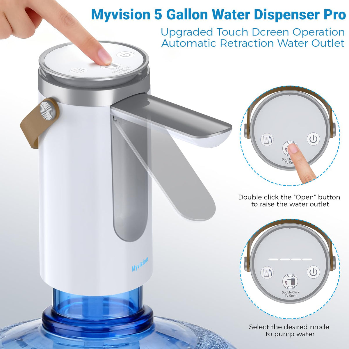 Myvision water dispenser battery powered by USB, ideal for camping.